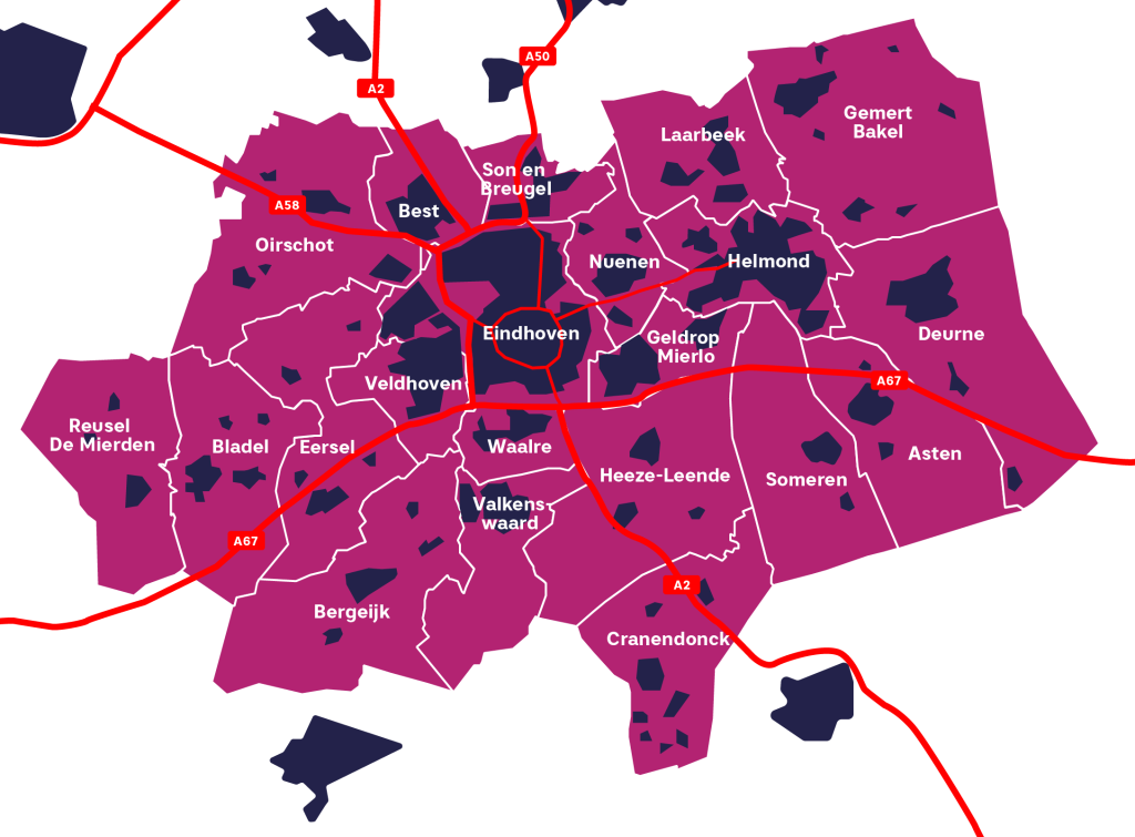 Kaart van de Brainportregio met steden, infrastructuur en mobiliteitsroutes.
