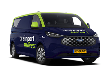 Brainport Direct bus geparkeerd met branding op de zijkant, klaar voor gebruik.